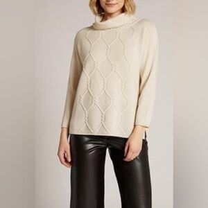Elena Miro Cream Cable‎ Knit Wool Fold Over Turtleneck Sweater Size XS
